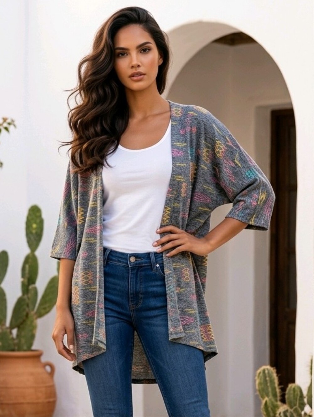 LuLaRoe Lindsay Kimono Cardigan Gray Tribal Southwestern Open Front Lightweight